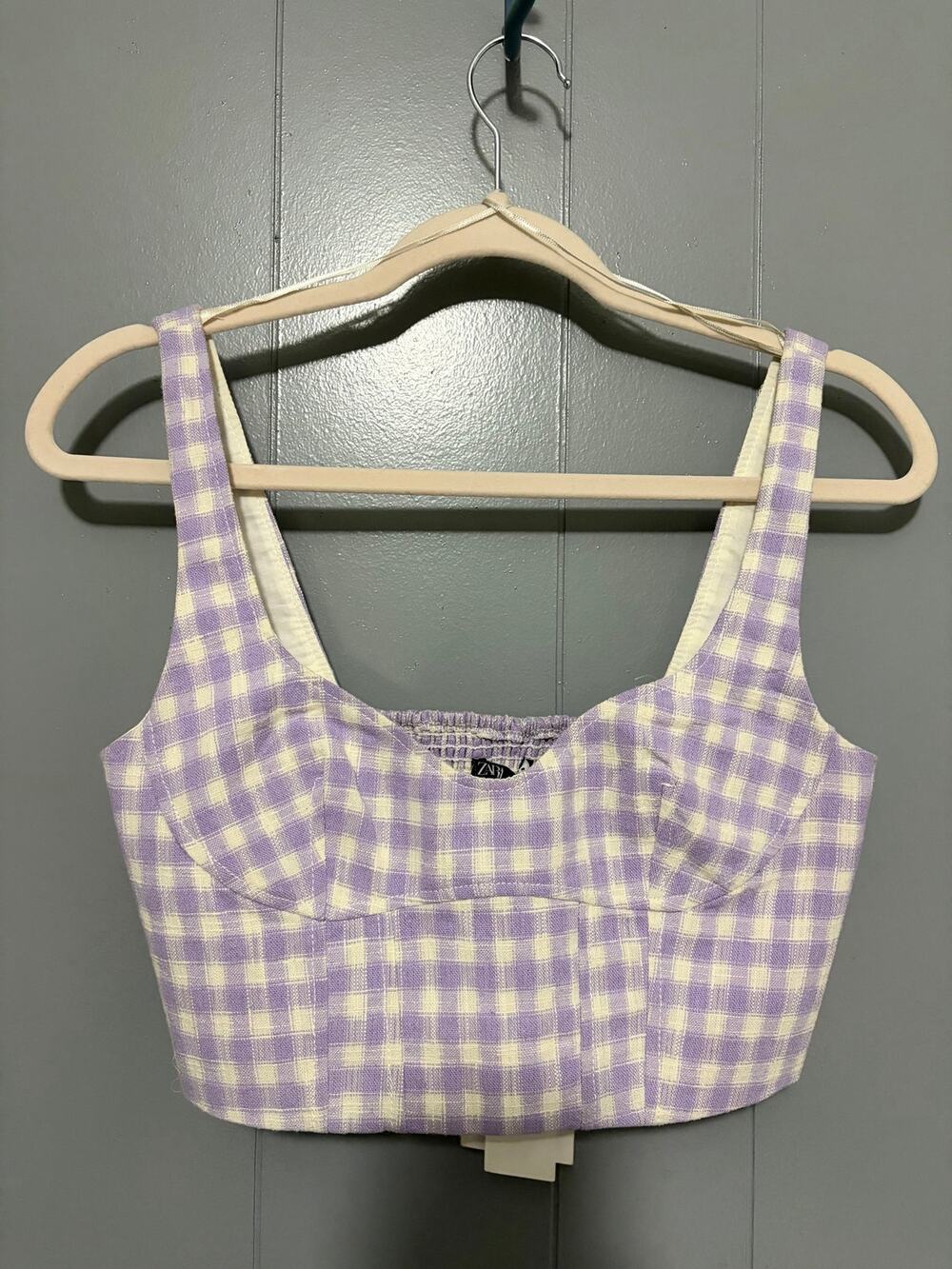 NEW Zara Purple Gingham Corset Smocked Preppy Cottagecore Crop Tank Top S